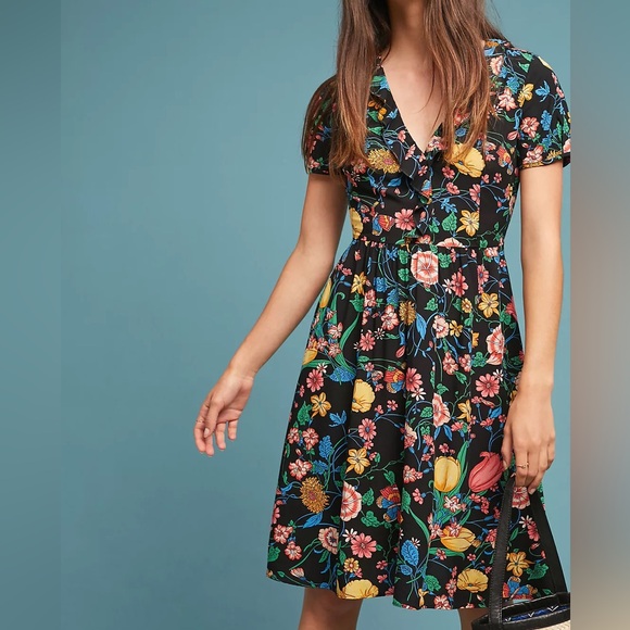 Maeve By Anthropologie Bloedel Floral Dress Black Ruffle V-neck Size 0 - Picture 1 of 12